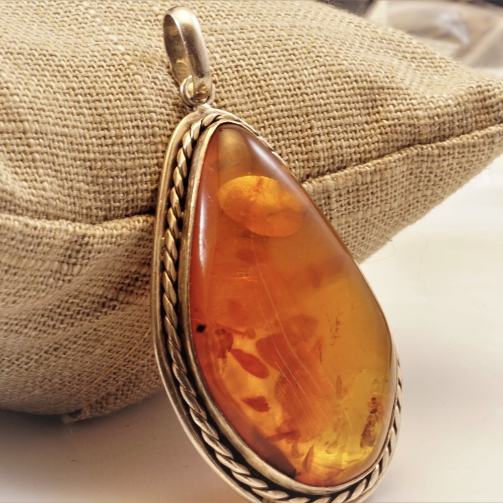 XL Baltic Amber Pear-Shape Sterling Silver Pendant